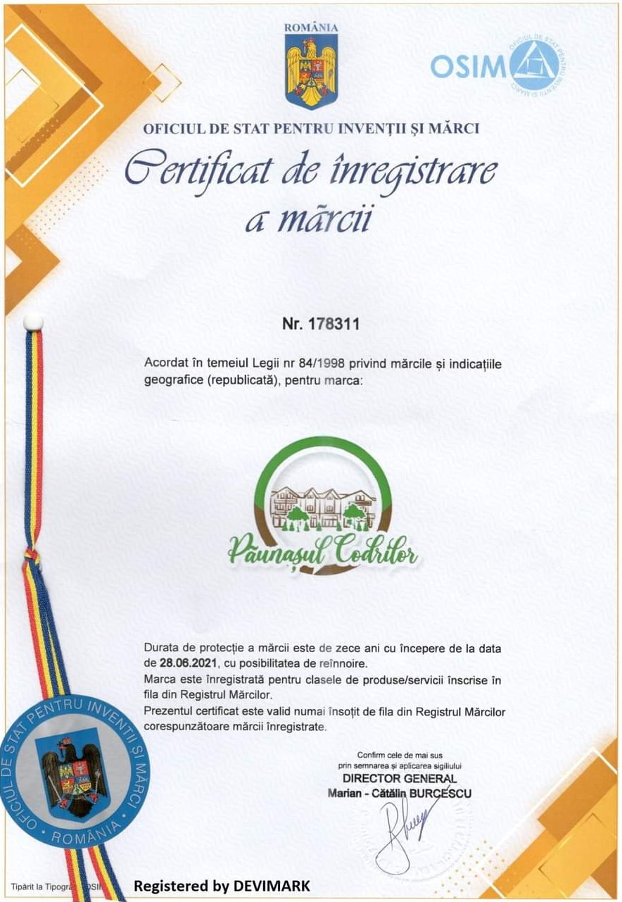 certificat OSIM de inregistrare a marcii Paunasul Codrilor